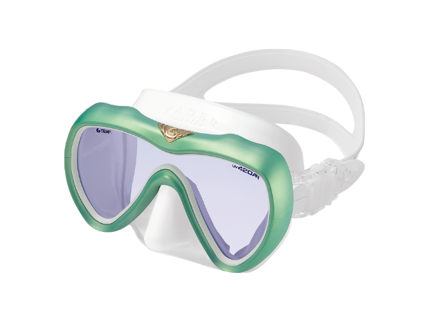 a diver mask with light green flame and white skirt