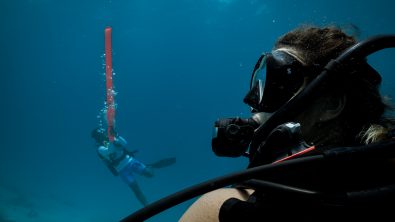 a diver watches another diver deploy an SMB