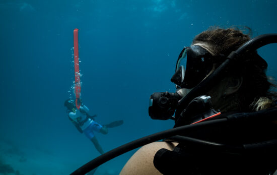 a diver watches another diver deploy an SMB