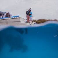 diver standing on the back of a boat Utila