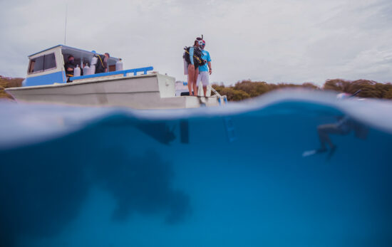 diver standing on the back of a boat Utila