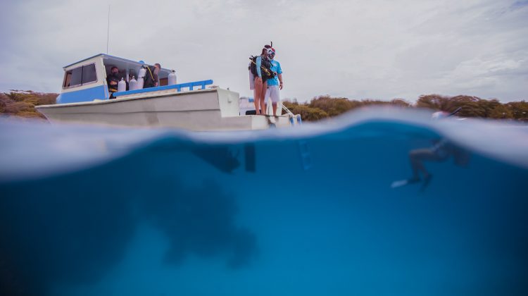 diver standing on the back of a boat Utila