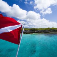 A dive flag flutters above blue Caribbean waters. In the distance, there is a rocky shoreline.