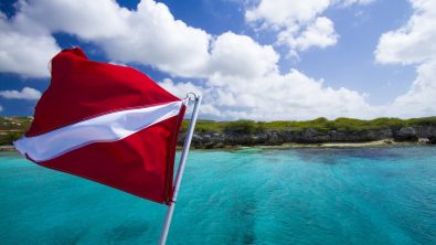A dive flag flutters above blue Caribbean waters. In the distance, there is a rocky shoreline.
