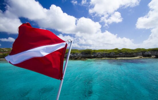 A dive flag flutters above blue Caribbean waters. In the distance, there is a rocky shoreline.