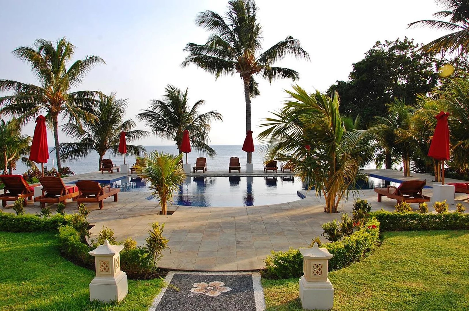 the pool and ocean view at bali dive resort and spa in tulamben bali indonesia