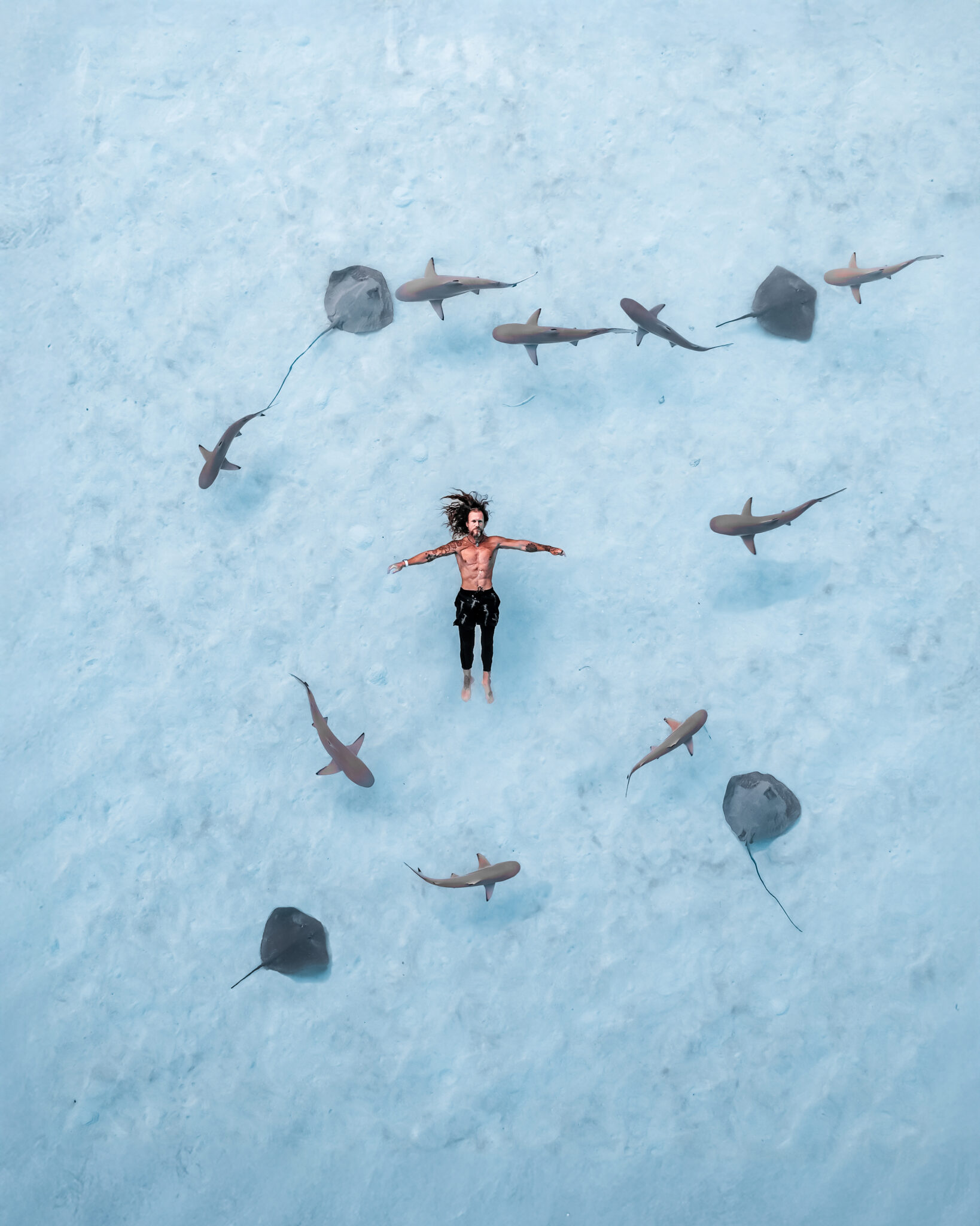 Andre Smits surrounded by sharks and rays