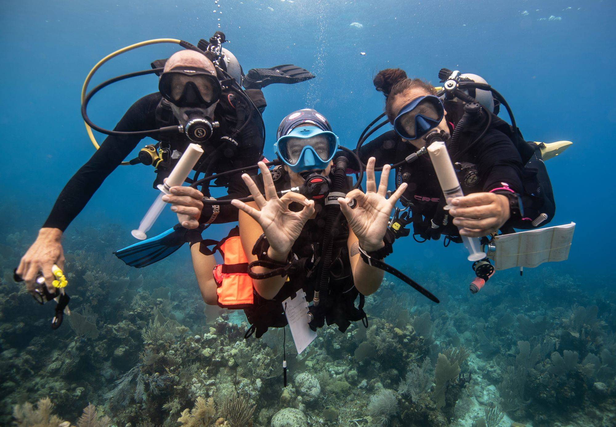 Three smiling divers underwater. Two hold large plastic syringes