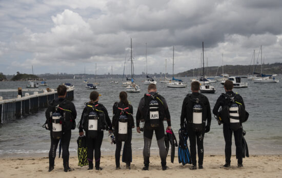 A group of divers preparing for their rescue course stand on shore looking at the water