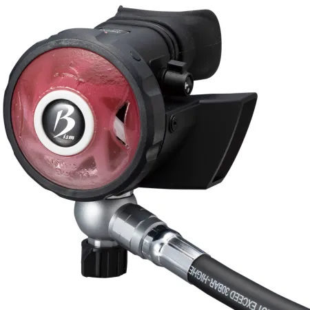 a black scuba diving regulator product displayed clearly in front view.
