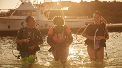 three scuba divers walk out of the water at sunset