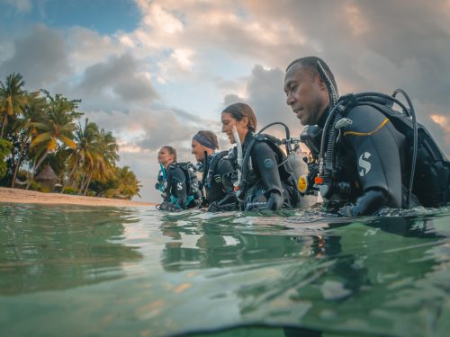 Four divers walking into the water from a beach in Fiji