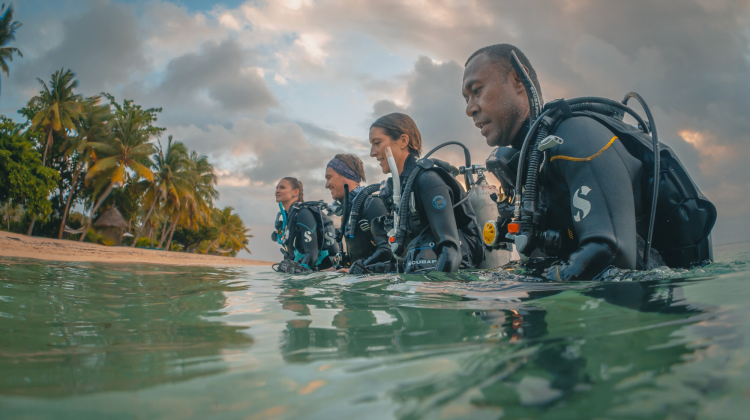 four divers walking out of the ocean