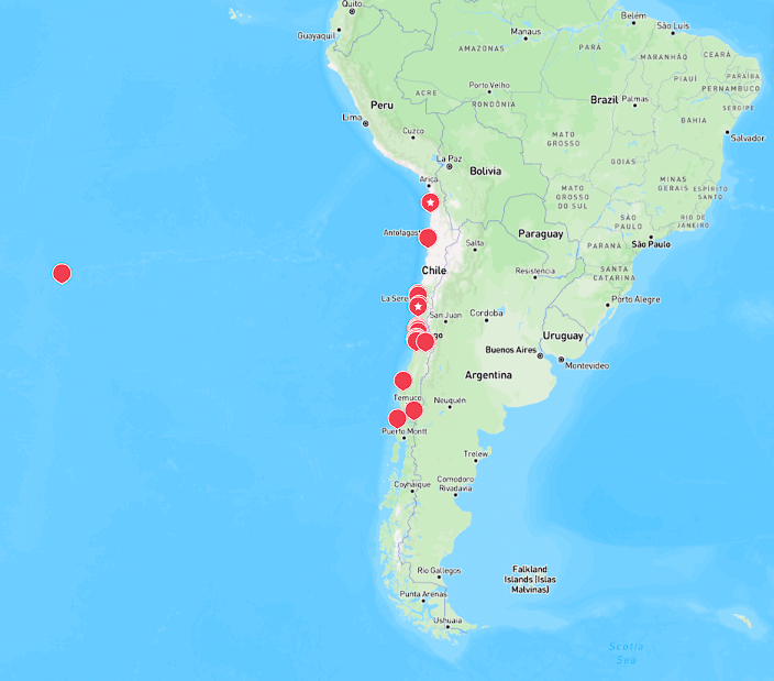 A partial map of South America with red dots showing the location of PADI Dive Shops in Chile.