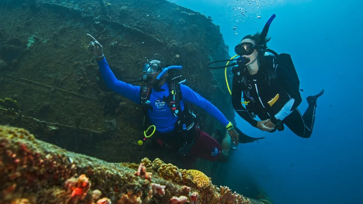 two divers explore a shipwreck and communicate by pointing