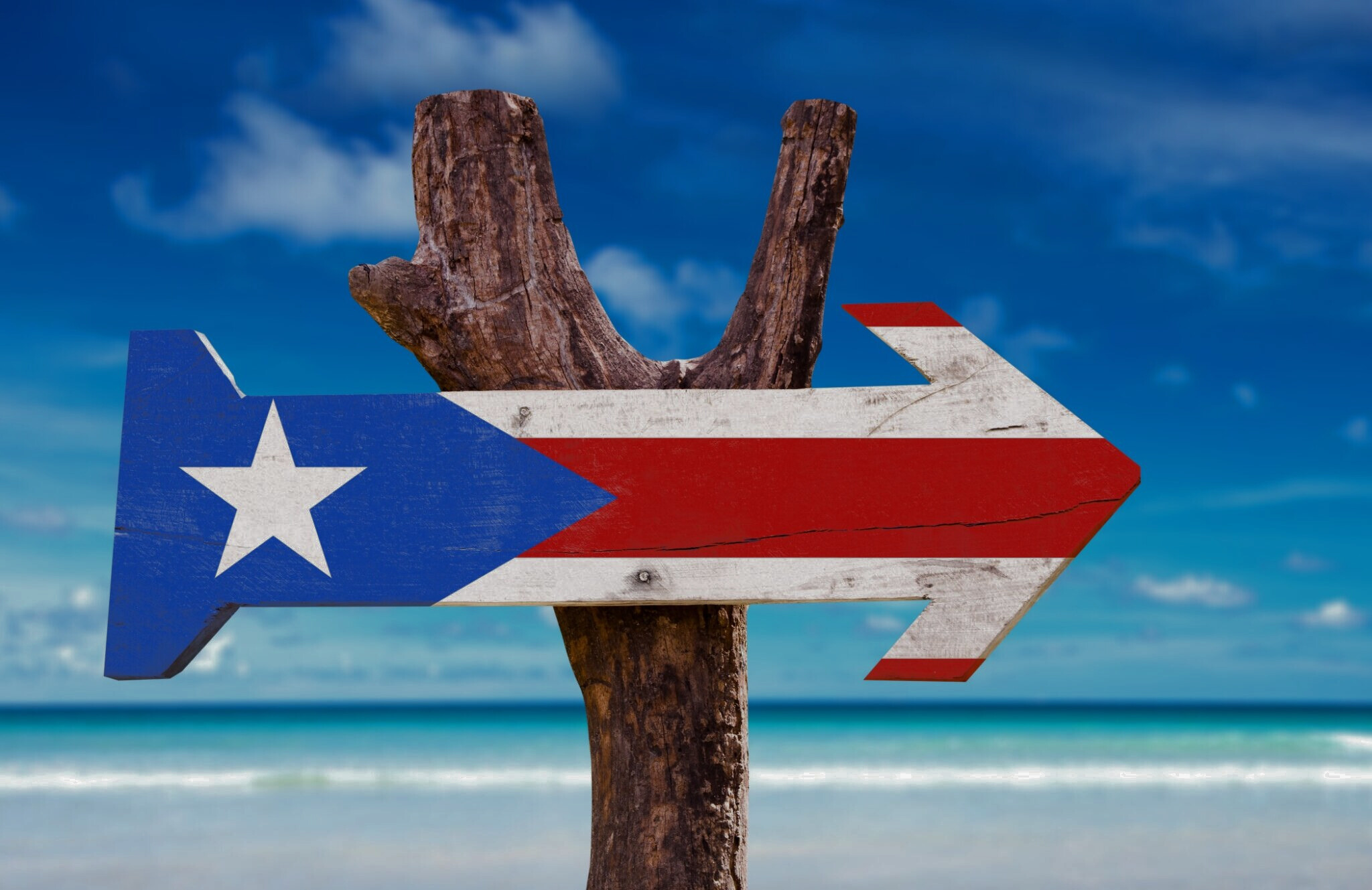 An arrow-shaped Puerto Rican flag on a wooden post with Caribbean blue water in the background