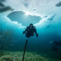 A woman dives under the ice in cold water scuba gear in Austria