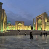 Registan Square in Samarkand, Uzbekistan, at night