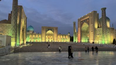 Registan Square in Samarkand, Uzbekistan, at night