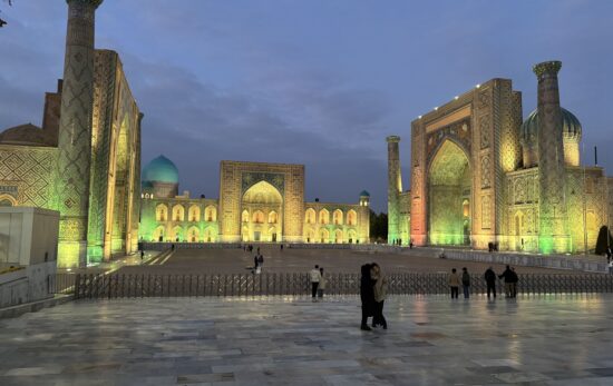 Registan Square in Samarkand, Uzbekistan, at night