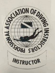 A black and while logo with the words "Profssional Associatinon of Diving Instructors" surrounding a line drawing of a  globe and a dive flag. The word "Instructor" appears in a banner below.