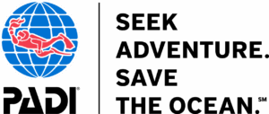 The PADI logo, a red diver over a blue globe with the word "PADI" below it, to the left of the words "Seek Adventure Save the Ocean"