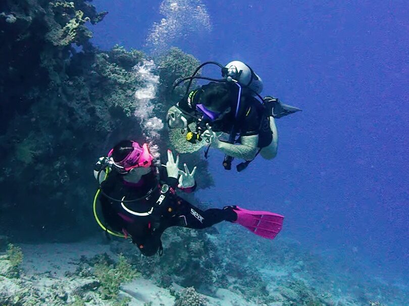 Elle Hill diving with her husband