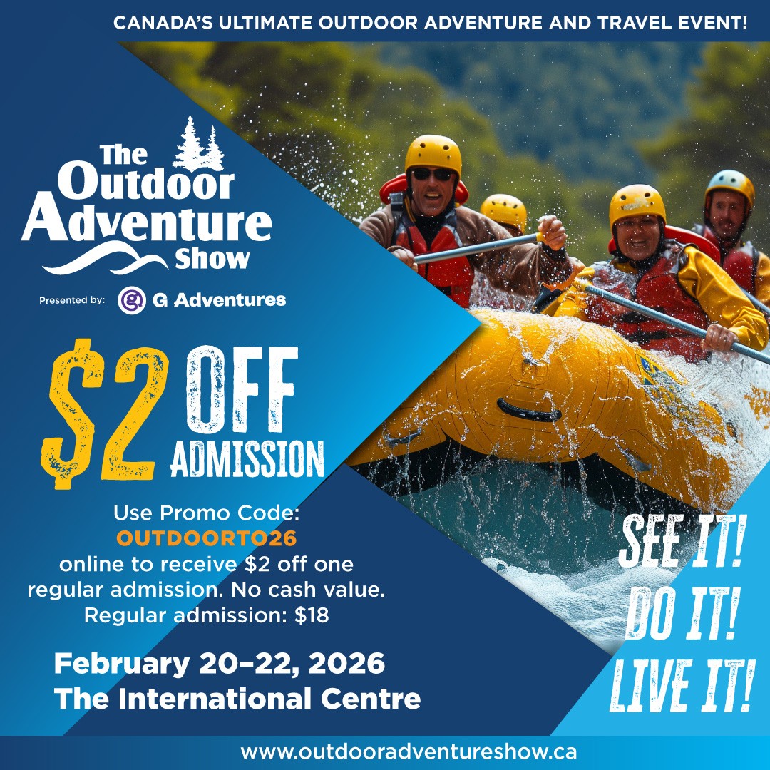 Coupon Code for the Toronto Outdoor Adventure Show showing a photo of a group in a yellow raft