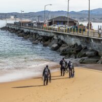 divers walking into water in monterey bay shore diving