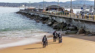 divers walking into water in monterey bay shore diving
