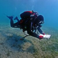 Scientific diver underwater carrying out sampling and writing on a large slate