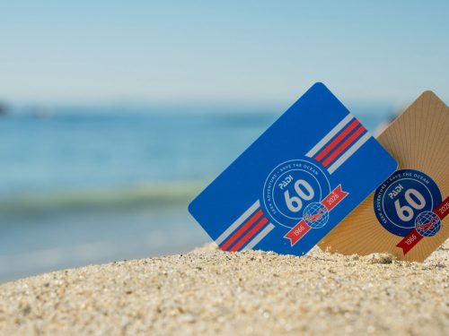 Two certification cards showing PADI's 60th anniversary logo in sand