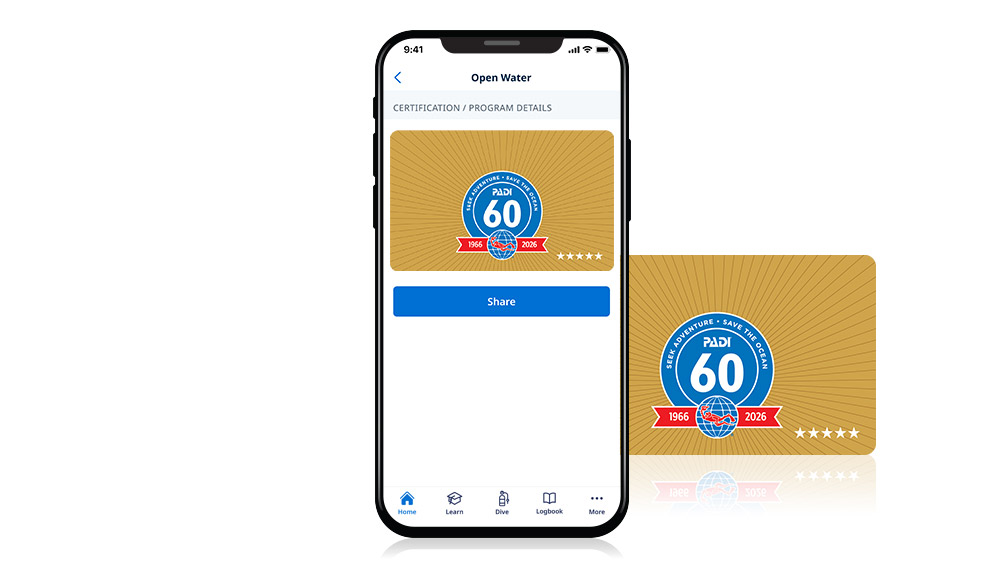 padi's retro 60th anniversary certification card - gold five star card and eCard