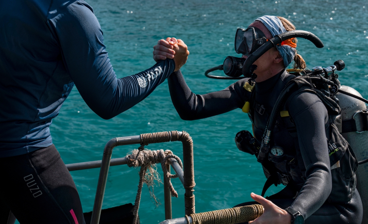 Scuba diver climbing up a ladder to get out of the water.