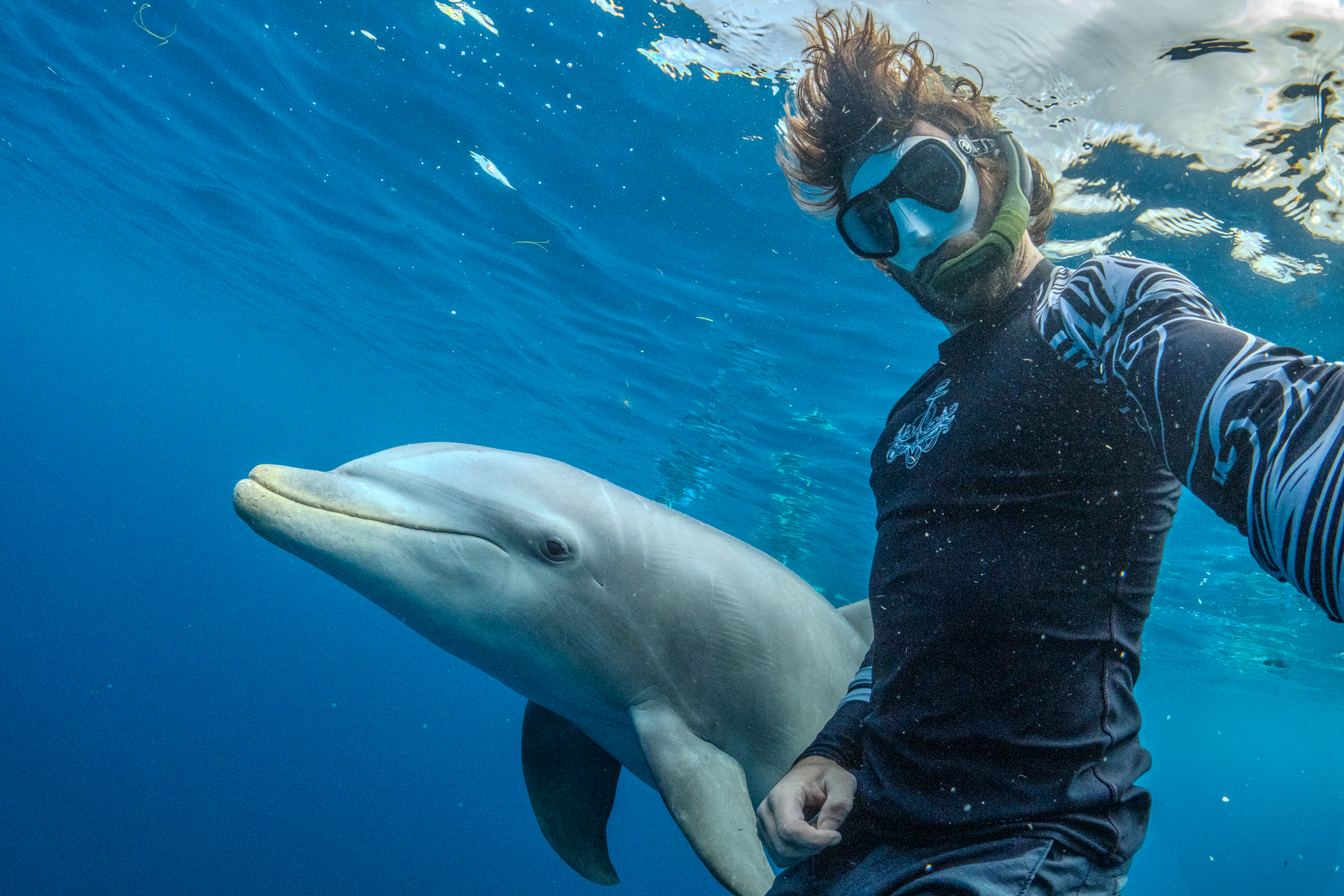 Kellon Spencer, photographer of our limited-edition card design, poses with Becky the dolphin