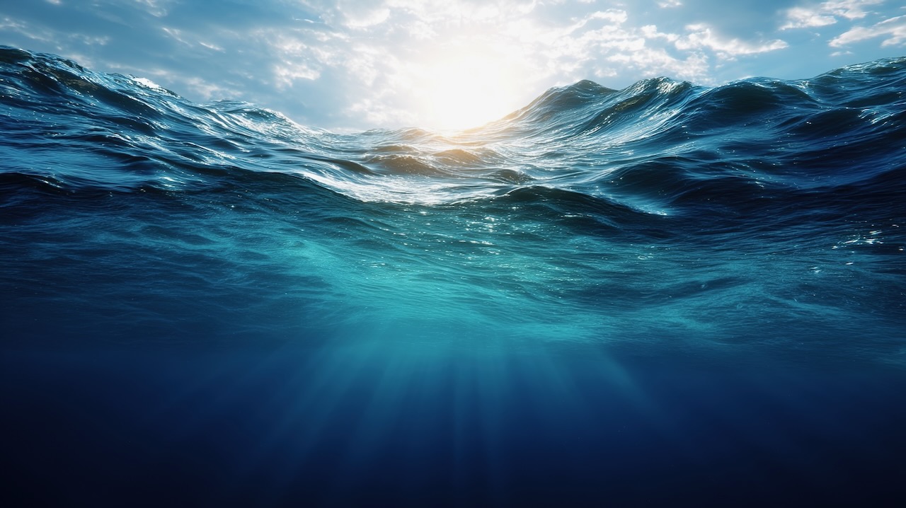 Underwater view of the deep blue ocean, with sunlight filtering through to create ripples and waves. The water is calm yet powerful, representing both depth and serenity.