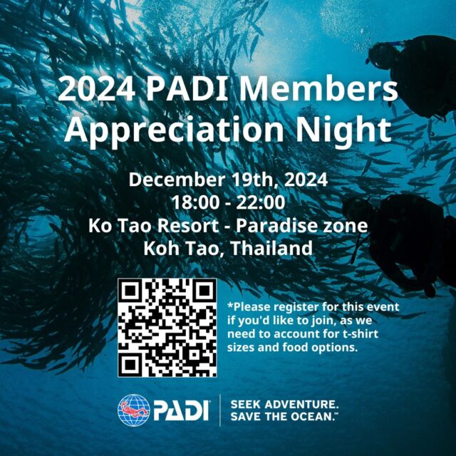 🌊 PADI Members Appreciation Night Koh Tao - Let’s End the Year with a BANG! 🌊

As 2024 comes to a close, we want to celebrate YOU and all the hard work you’ve put in this year! 🎉 

Let’s wrap it up together at our PADI Members Appreciation Night on December 19th!
It’s the perfect chance to connect with PADI staff and fellow dive enthusiasts, and you could win amazing raffle prizes, including a FREE PADI Membership!

🎁 Exciting Raffle Prizes 🎁
- GoPro Hero13 – Capture your underwater adventures in stunning high-definition!
- Aqualung i330R Dive Computer – Dive smarter with this user-friendly, advanced dive computer.
- Intova Fusion 1500 Torch – Illuminate your dives with this powerful and compact dive torch.
- Masks, Dry Bags, and More Diving Gear – Perfect for your next adventure!

🗣️ Divers’ Highlights:
- Becky White Becky White: "Freediving for Wellness: Enhancing Mental Health and Fitness"
- Tim Lawrence: "Wreck Diving: Exploring the Depths and Secrets of Underwater Relics"

🥂 Event Details:
📅 Date: December 19th, 2024
🕕 Time: 18:00 – 22:00
📍 Location: Ko Tao Resort – Paradise Zone, Koh Tao

To secure your spot please go to LinkinBio to register, we need your details for t-shirt sizes and food options.

Shuttle Service: Free shuttle taxi service provided from the main gas station opposite Big Tree Cafe. The shuttle runs every 30 minutes from 17:30 to 22:00.
A big thank you to our generous sponsors:  Aquamaster Thailand, Dive Supply Co., Ltd., GoPro, Dive Potato, DiveSpace, and Aquatique Thailand for their support! 🙌

Event Schedule:
18:00 – Registration
18:30 – Welcome & Introductions
19:00 – Divers’ Talks
20:45 – Raffle Prize Draw & Winners Announced

Don’t miss out on this amazing night! We can’t wait to celebrate with you! 🎉

#padi #membersappreciation #endofyearcelebration #divewithpadi #kohtao #raffleprizes #divecommunity
#mypadi #padipros #padicommunity #padithailand