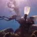 Two divers work together to remove a discarded fishing net from a coral reef in Indonesia